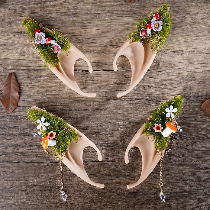 FRESHME Forest Mushroom Elf Ears, Soft Fairy Ears with Mushroom Moss and Flower Elven Ear Cuffs Halloween Renaissance Cosplay