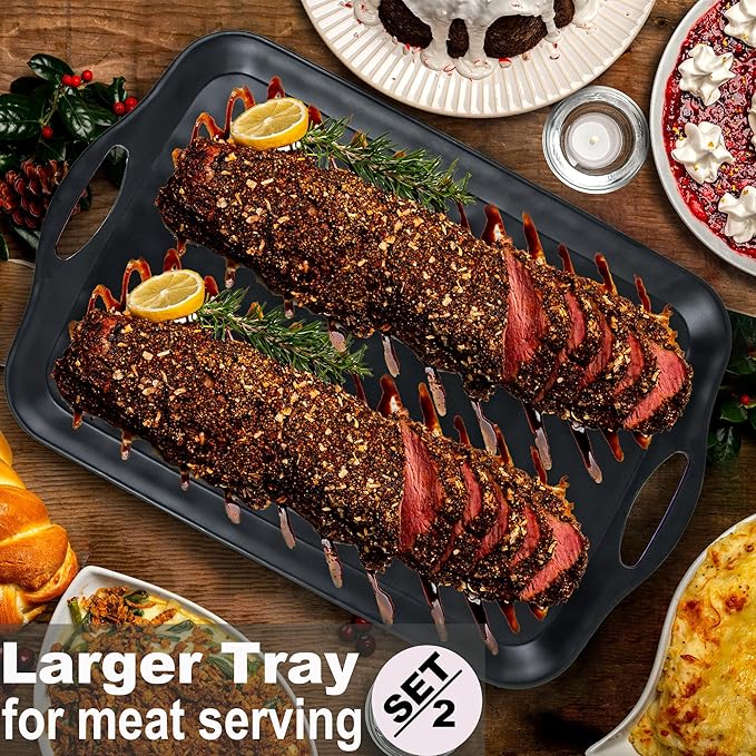 Extra Large Serving Tray with Handles, 20x13 inch, Set of 2 Melamine Platters for Serving Food, Turkey, Cookie, Rectangular Trays for Eating, Raised Dots Matt Finished, Dishwasher Safe, Black