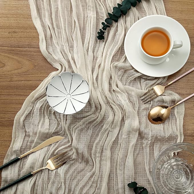 12 Pack Beige Cheesecloth Table Runner, 35x120 Inch Romantic Boho Gauze Table Runner 10ft Rustic Sheer Cheese Cloth Table Decor for Christmas Wedding Baby Shower Birthday Party Table Decoration