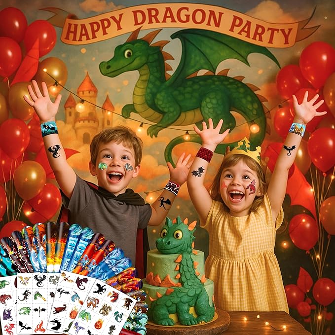 72PCS Dragon Party Set | 48PCS Temporary Pre-cut Tattoos & 24PCS Slap Bracelets Fun Fantasy Themed Birthday Supplies, Baby Shower Gifts, Classroom Rewards & Party Decor for Kids (Boys & Girls)