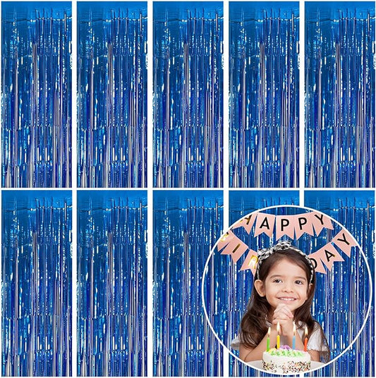 10 Pack Foil Curtain Backdrop Blue Metallic Tinsel Foil Fringe Curtains Photo Booth Props for Birthday Wedding Engagement Baby Shower Bachelorette Christmas Holiday Celebration Party Decorations