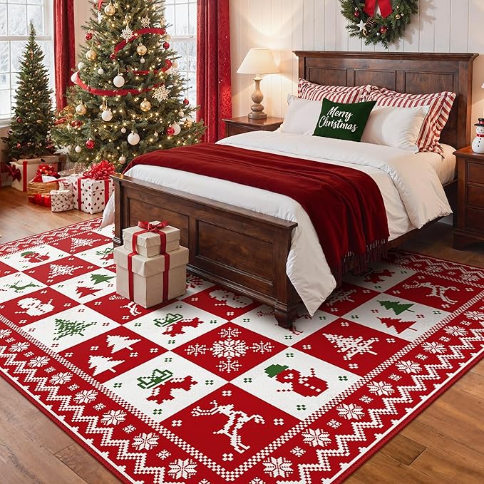 Christmas Area Rug 3x5 for Living Room, Washable Rug for Bedroom, Christmas Home Decor, Holiday Print Carpet, Low Pile Non Slip Mat with Rubber Backing, Red White Checkerboard