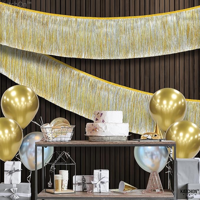 KatchOn, Silver and Gold Fringe Banner Garland - 6.5 Feet, Pack of 2 | Gold Fringe Garland for Golden Birthday Decorations | Golden, Silver Streamers for, Bridal Shower, Bachelorette Party Decorations