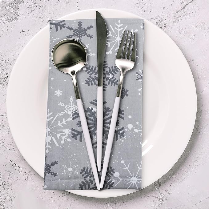 Urban Villa Christmas Dinner Napkins Grey Snowflake Print Cloth Napkins Set of 12 Size 20x20 Inches 100% Cotton Dinner Napkins for Christmas Celebrations Wedding Parties Everyday use Soft Quality