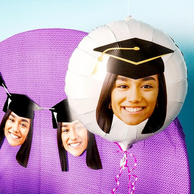 Big Dot of Happiness Personalized Grad Cap Fun Face Photo Balloon, Elementary High School College Custom Graduation Party Decorations, Double-Sided Round Circle Mylar, 1 Piece
