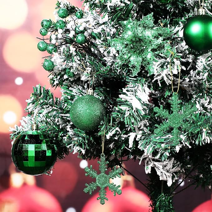 Sratte 94 Pcs Christmas Tree Decorations Set, Christmas Tree Ball Ornaments Glitter Poinsettia Flowers Decorations Glitter Berries Stems for Xmas Holiday Wedding(Green)