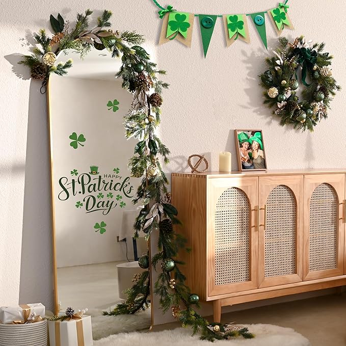 Decorbyhannah Green Gold Christmas Garland with Ornaments, 9ft Christmas Garland with Lights for Mantle, Battery Operated Xmas Garlands for Home Decorations
