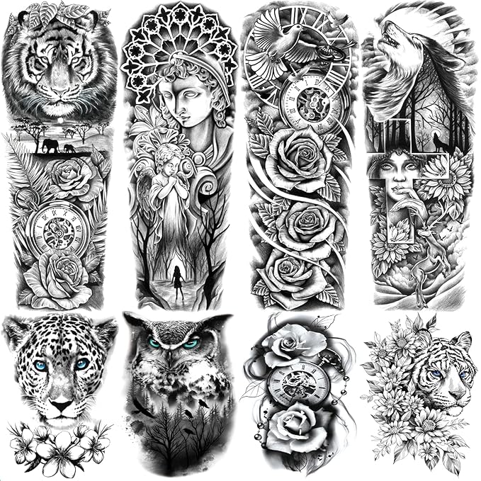Flower Forest Temporary Tattoo Sleeve for Women Leg, 4-Sheet Full Arm Realistic Tiger Wolf Floral Fake Tattoo Sleeve Adult Girl and 4-Sheet Large Black Half Temp Tatoo Sticker Thigh Makeup Body Art