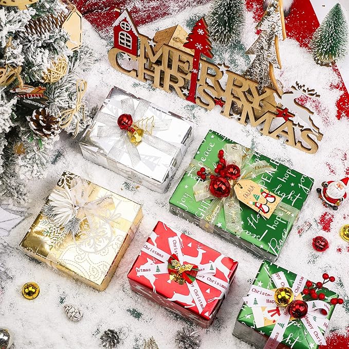 WRAPAHOLIC 30 Inch Christmas Wrapping Paper Roll - Jumbo Roll Red Green Gold and Silver Snowflakes Trees Holiday Collection with Metallic Foil Shine - 4 Rolls - 30 Inch x 120 Inch Per Roll