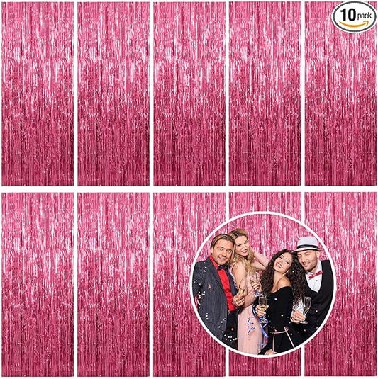 10 Pack Foil Curtain Backdrop Pink Metallic Tinsel Foil Fringe Curtains Photo Booth Props for Birthday Wedding Engagement Baby Shower Bachelorette Christmas Holiday Celebration Party