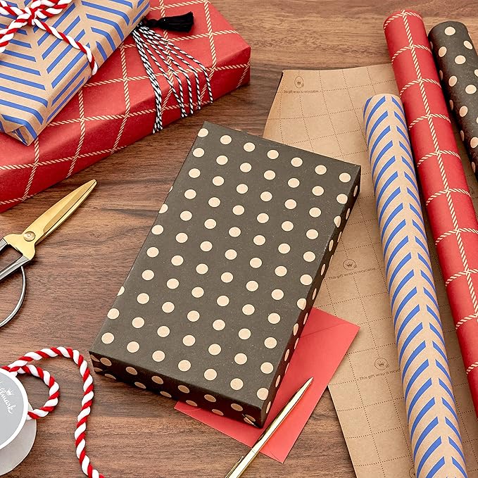 Hallmark All Occasion Reversible Wrapping Paper - Gold & Kraft Stripes, Triangles, Chevron, Polka Dots