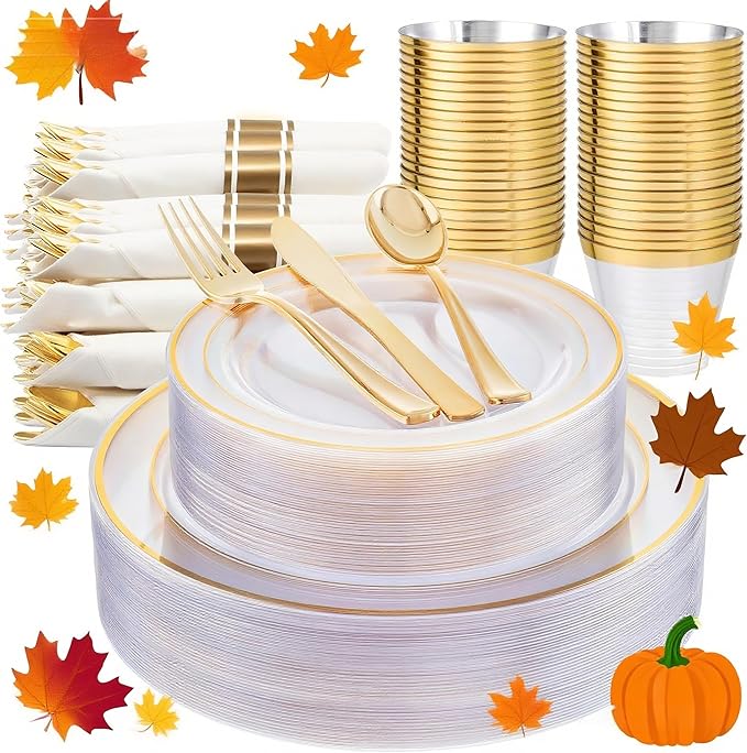 WELLIFE 350PCS Clear-Gold Plastic Plates - 100 Disposable Plates, 150Plastic Silverware, 50 Cups, 50 Napkins for Wedding & Party