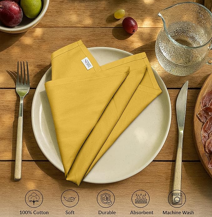 Ruvanti Premium Cloth Napkins Set of 12, 18x18 Inches, 100% Cotton, Washable, Soft & Absorbent, Perfect for Wedding, Christmas, ‎Thanksgiving Dinners -Spicy Mustard