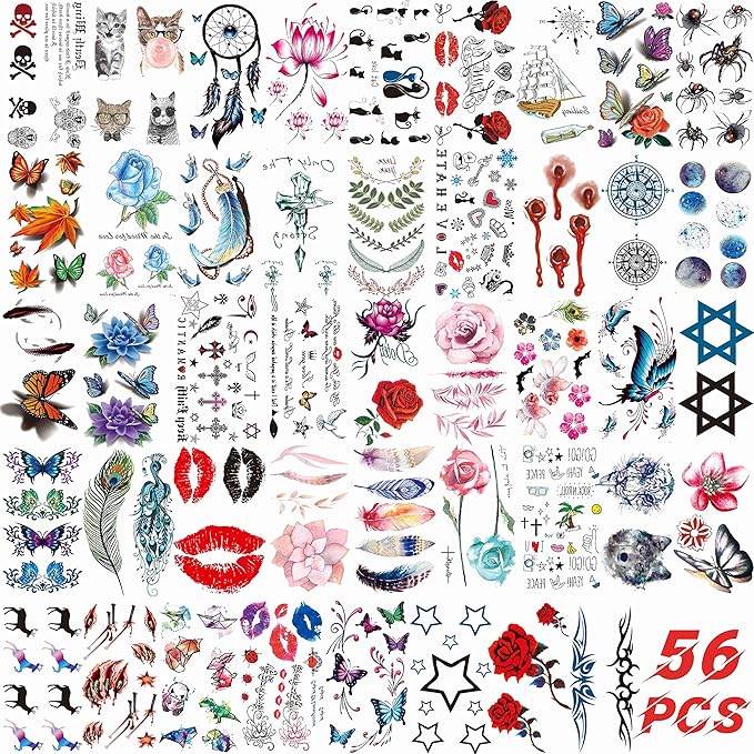 COKTAK 56 Sheets Variety Colorful Rose Flowers Temporary Tattoos For Women, Realistic Feather 3D Butterfly Fake Tattoos Temporary For Girls, Sexy Floral Blossom Branch Arm Neck Face Tatoo Sticker Kit