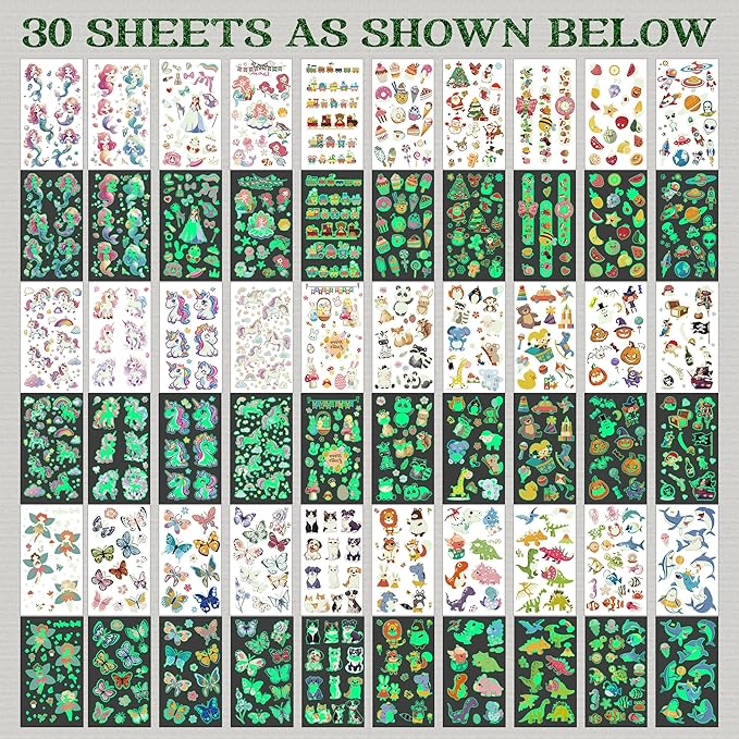 380 Styles (30 Sheets) Luminous Tattoos for Kids, Mixed Styles Temporary Tattoos Stickers with Mermaid/Dinosaur/Space/Unicorn for Boys and Girls, Glow Party Supplies Birthday Gifts