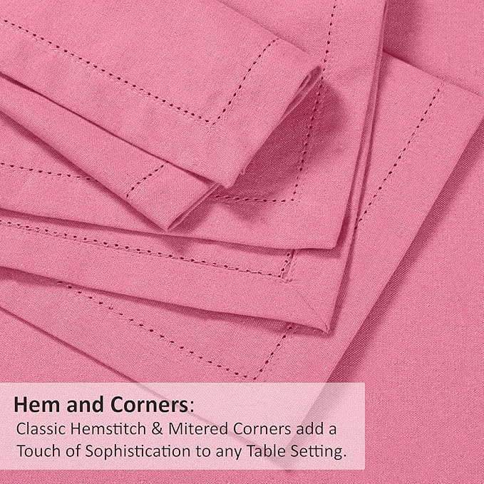 Ruvanti Premium Linen Napkins Set of 12-20x20 Inch, Classic Hemstitch, Mitered Corner Cloth Napkins ‎‎- Soft, Elegant Dinner Napkins Cloth Washable for Weddings, Parties, Everyday Use - Pink