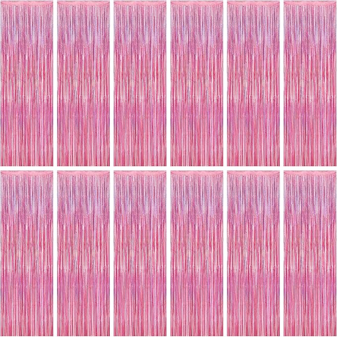 12 Pack Pink Backdrop, 3.28 FT x 7.05 FT Foil Streamers, Metallic Glitter Backdrop Pink Tinsel Fringe Curtains Party Streamers, Pink Birthday Party Decorations Photo Booth Props