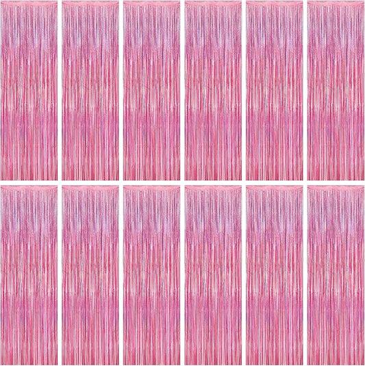 12 Pack Pink Backdrop, 3.28 FT x 7.05 FT Foil Streamers, Metallic Glitter Backdrop Pink Tinsel Fringe Curtains Party Streamers, Pink Birthday Party Decorations Photo Booth Props
