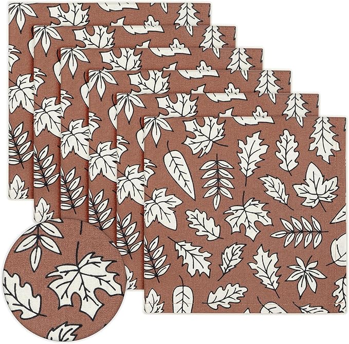PurpleEssences Fall Harvest Thanksgiving Napkins 18x18 Inch, Set of 6-100% Cotton Autumn Leaves Print - Reusable, Washable Dinner Napkins for Home, Kitchen & Parties - Heap of Autumn