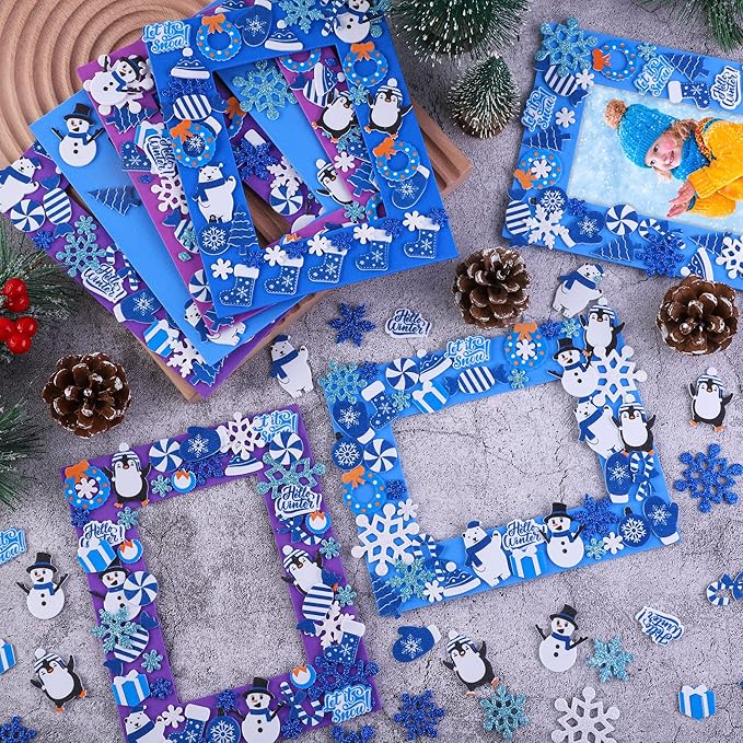 Fovths 12 Pieces Christmas Frozen Party Foam Picture Frames DIY Craft, 300 Pieces Snowflake Snowman Penguin Foam Stickers, 24 Pieces Craft Stickers for Winter Snow Party