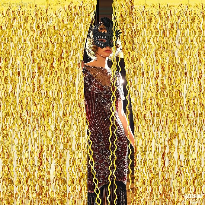KatchOn, Large Wave Gold Backdrop Curtain - Pack of 2 | Gold Streamer Backdrop for Graduation | Golden Fringe Backdrop for Graduation Decorations 2025, Golden Birthday Decorations, Bridal Shower