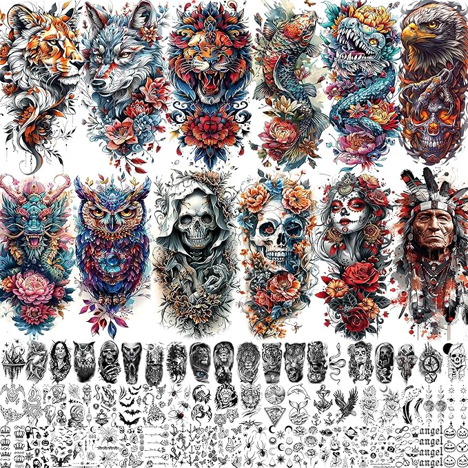 71 Sheets Dead Skull Temporary Tattoos For Women Men Adults, Old School Halloween Fake Tattoo Stickers Tiger Wolf Lion Dragon Flowers, Temp Punk Gothic Chicano Carp Skeleton Tattoo Indian Eagle Floral
