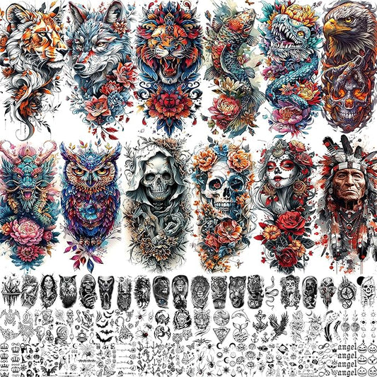 71 Sheets Dead Skull Temporary Tattoos For Women Men Adults, Old School Halloween Fake Tattoo Stickers Tiger Wolf Lion Dragon Flowers, Temp Punk Gothic Chicano Carp Skeleton Tattoo Indian Eagle Floral