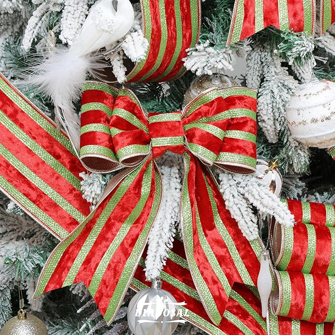 Red Velvet Wired Ribbon with Lime Green Glitter Stripe 4 Inch Extra Wide Crushed Velvet Christmas Ribbon, 10 Yards for Gift Wrapping, Crafts, Christmas Tree Decorations, Wreaths, Garlands