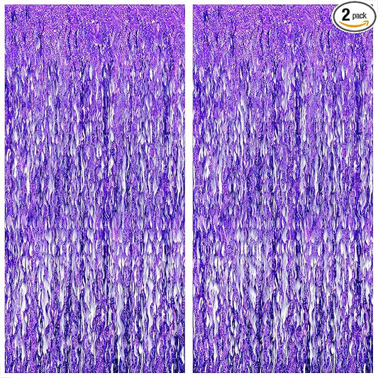 Katchon, Wavy Purple Foil Fringe Curtain - Pack of 2 | Wavy Streamers, Unicorn Party Decorations | Purple Fringe Backdrop for Baby Shower, Birthday, Mermaid Party Decorations | Halloween Decor Indoor