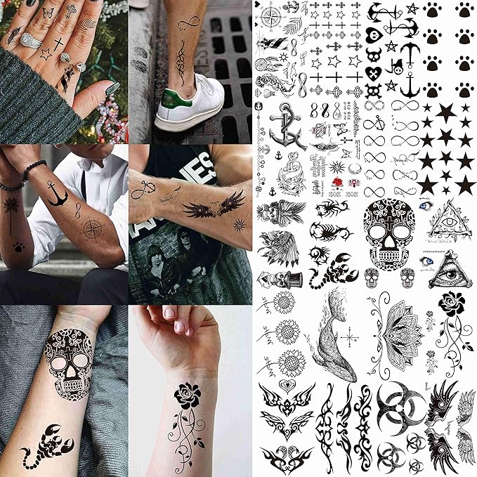 50 Sheets Black Temporary Tattoos For Men Adults Ealge Dragon Lion Wolf Animals For Women Neck Arm Thigh, Fake Small Skull Tattoo Sticker For Kids Children Boys Girls Tatoos
