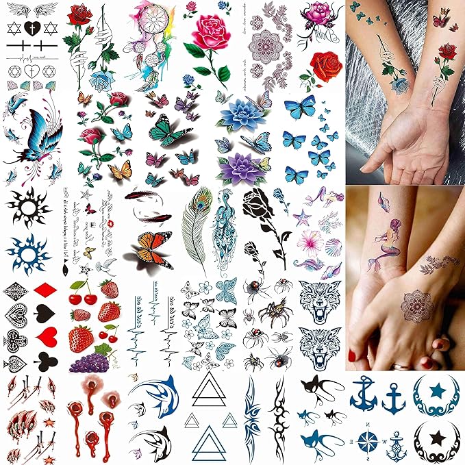 COKTAK 64 Sheets Variety Tiny Waterproof Temporary Tattoos For Men Women, Moon Star Butterfly Birds Planets Fake Tattoos For Kids Adults, Arm Neck Face Letters Temp Tattoo Temporary Tatoos Sticker Set