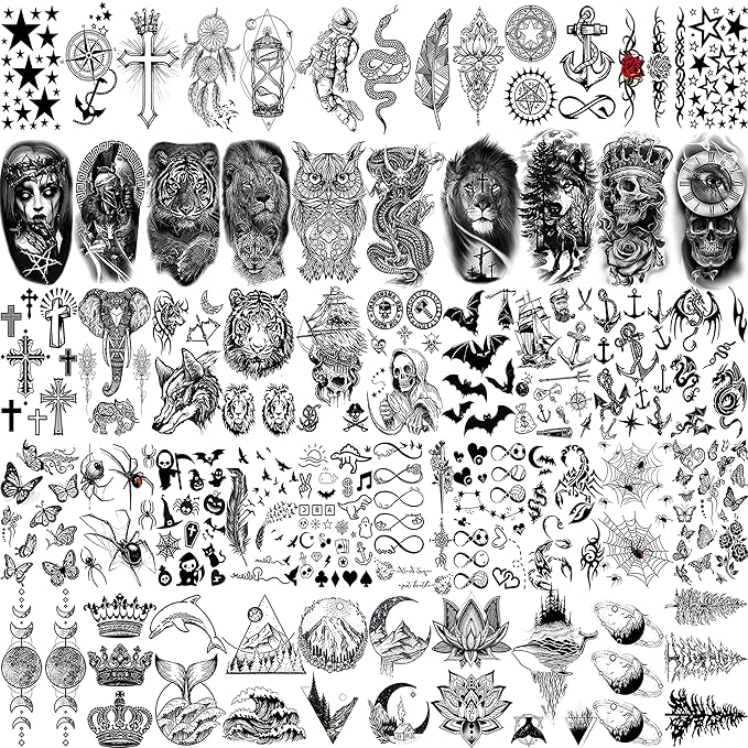 65 Sheets FANRUI Black Tiger Lion Temporary Tattoos For Men Women Arm Sleeve, Waterproof Tattoo Stickers Adults Snake Wolf Rose Flower Compass, 3D Skull Owl Fake Tattoos That Look Real And Last Long