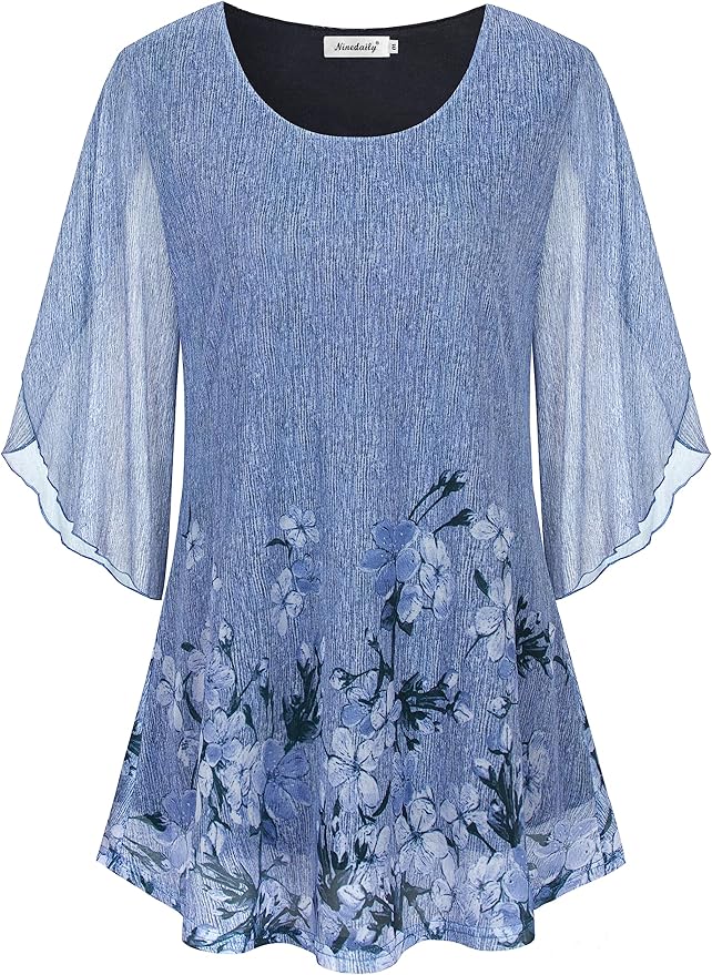 Ninedaily Women's Tops 3/4 Sleeve Blouses Dressy Casual Double Layers Mesh Tunic Shirts