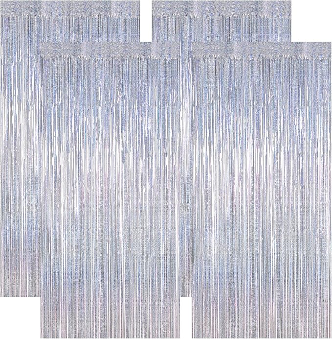 4 Pack Fringe Backdrop, 3.28 FT x 7.05 FT Glitter Silver Tinsel Curtains, Metallic Foil Streamer Disco Fringe Backdrop Party Curtains, Birthday Party Supplies Disco Decorations