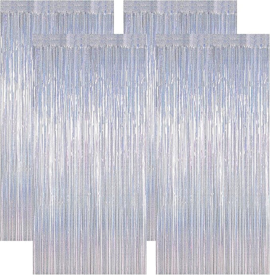 4 Pack Fringe Backdrop, 3.28 FT x 7.05 FT Glitter Silver Tinsel Curtains, Metallic Foil Streamer Disco Fringe Backdrop Party Curtains, Birthday Party Supplies Disco Decorations