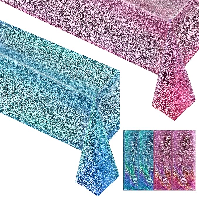 4 Pcs Pink&Blue Holographic Laser Tablecloths Iridescence Shiny Table Covers 40" x 108" Foil Rectangle Table cloths for Baby Shower Undersea Ocean Birthday Party Winner Wedding Party Décor