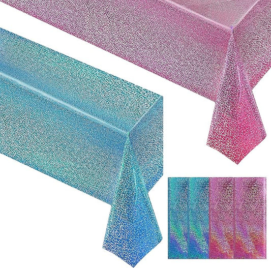 4 Pcs Pink&Blue Holographic Laser Tablecloths Iridescence Shiny Table Covers 40" x 108" Foil Rectangle Table cloths for Baby Shower Undersea Ocean Birthday Party Winner Wedding Party Décor