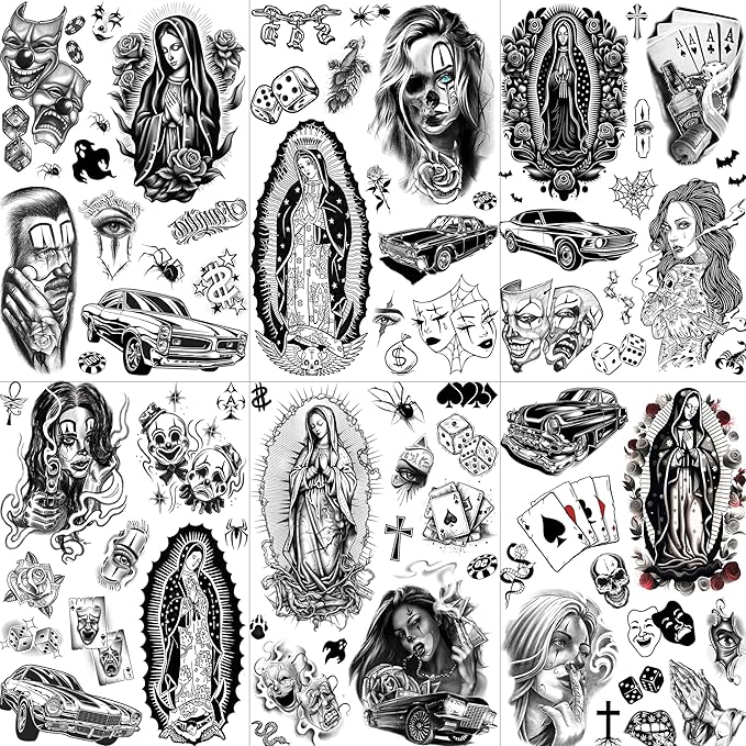 6 Sheets Chicano Temporary Tattoos For Women Men Adults Halloween Face Makeup Kit, Black Guadalupe Tattoo Stickers, Gangster Payasa Gansta Fake Tatoos Prison Familia Joker, Tatuajes Temporales