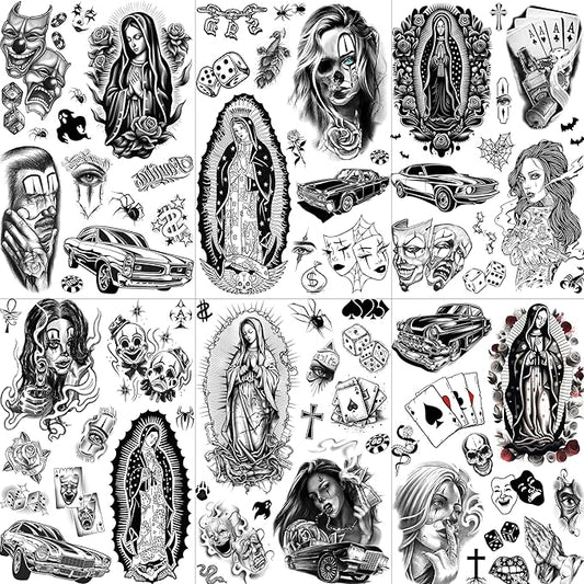 6 Sheets Chicano Temporary Tattoos For Women Men Adults Halloween Face Makeup Kit, Black Guadalupe Tattoo Stickers, Gangster Payasa Gansta Fake Tatoos Prison Familia Joker, Tatuajes Temporales