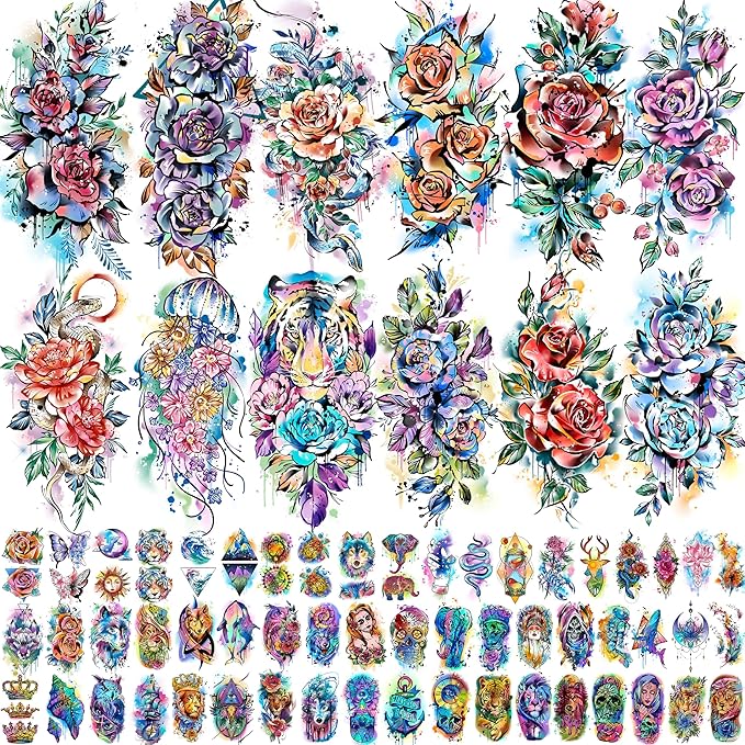 COKTAK 67 Sheets Watercolor Rose Flower Temporary Tattoos For Women Girls, 12 Sheets Colorful Arm Sleeve Tattoos For Adults Floral Snake Tiger, 53 Sheets Groovy Small Semi Permanent Fake Tattoos Kids