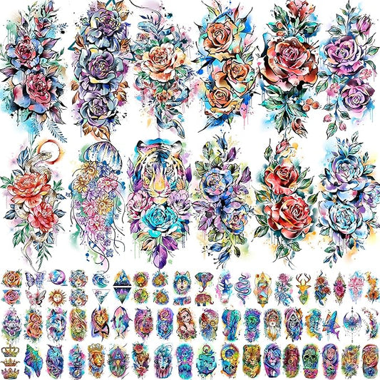 COKTAK 67 Sheets Watercolor Rose Flower Temporary Tattoos For Women Girls, 12 Sheets Colorful Arm Sleeve Tattoos For Adults Floral Snake Tiger, 53 Sheets Groovy Small Semi Permanent Fake Tattoos Kids