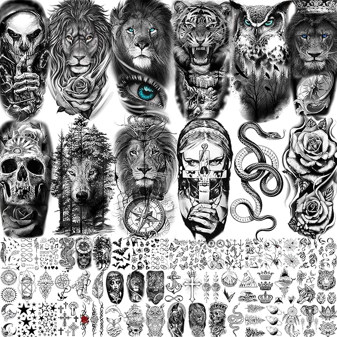 65 Sheets FANRUI Black Tiger Lion Temporary Tattoos For Men Women Arm Sleeve, Waterproof Tattoo Stickers Adults Snake Wolf Rose Flower Compass, 3D Skull Owl Fake Tattoos That Look Real And Last Long