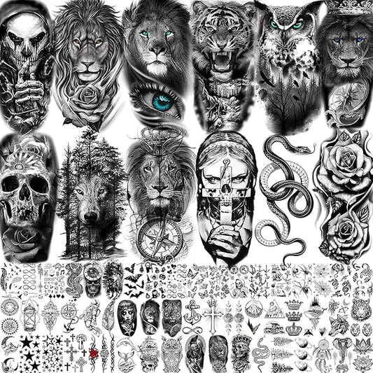65 Sheets FANRUI Black Tiger Lion Temporary Tattoos For Men Women Arm Sleeve, Waterproof Tattoo Stickers Adults Snake Wolf Rose Flower Compass, 3D Skull Owl Fake Tattoos That Look Real And Last Long