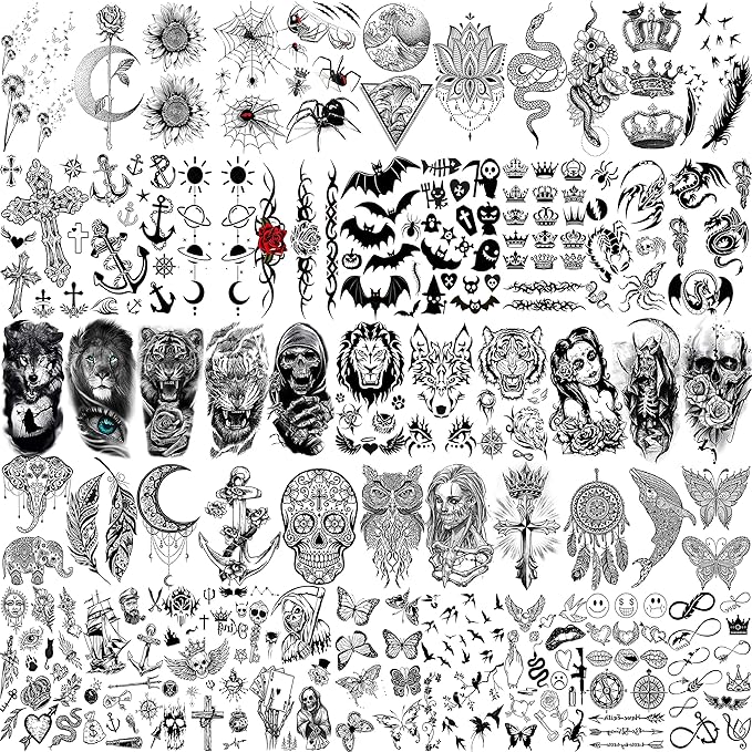 63 Sheets Realistic Black Rose Peony Flower Temporary Tattoos for Women Adults Body Art Arm, Snake Fake Floral Sketch Sleeve Tattoo Sticker