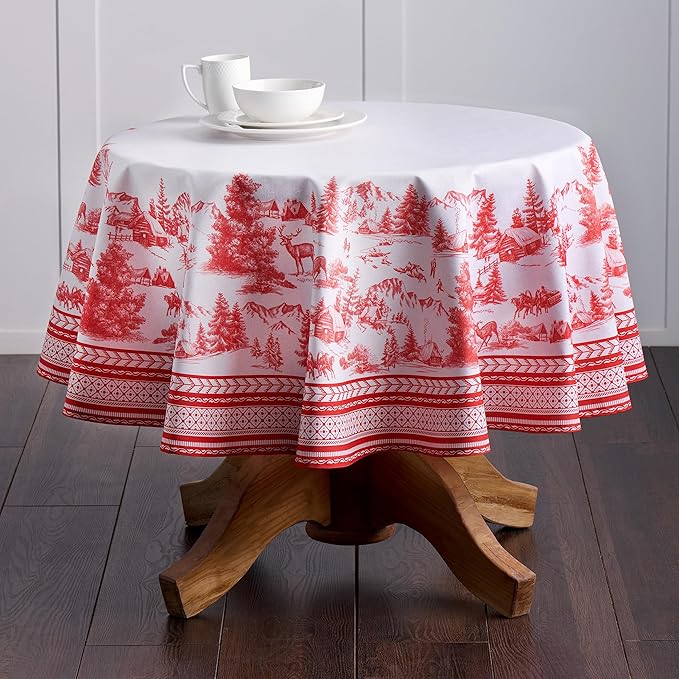 Maison d' Hermine Table Cloth Round Table 100% Cotton 69 Inches Fall Tablecloth Reusable Everyday Use for Thanksgiving Christmas Decorations Dining Farmhouse Party (Winter Jouy)