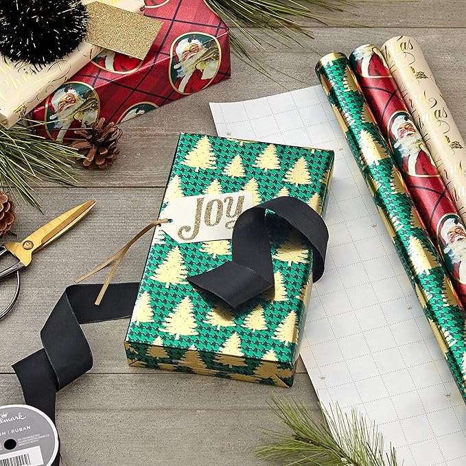 Hallmark Foil Christmas Wrapping Paper with Cut Lines on Reverse (3 Rolls: 60 sq. ft. ttl) Classic Santa Claus, Gold Merry Christmas, Green Plaid with Gold Trees