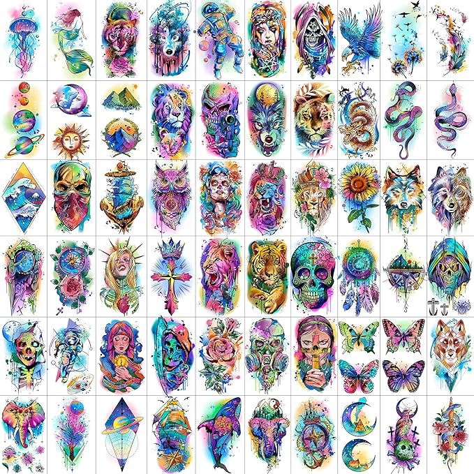 60 Sheets 3D Watercolor Temporary Tattoos For Women Men Adults, Groovy Realistic Blue Eagle Dragon Fake Tattoo Stickers Body Arm, Wolf Tiger Lion Skull Moon Colorful Fake Tattoo Halloween Snake Anchor