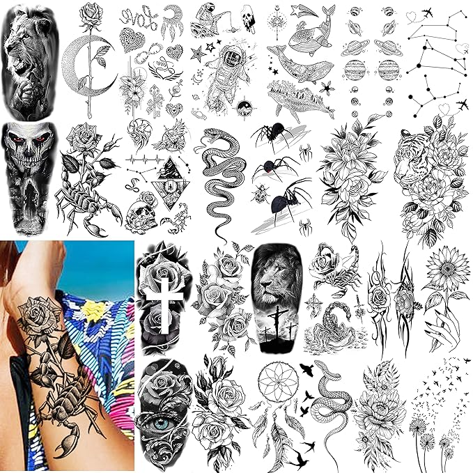 61 Sheets 3D Snake Flower Temporary Tattoos For Women Girls Neck Arm, 12 Sheets Realistic Floral Fake Tattoo Stickers Thigh, Waterproof Temp Transfer Tatoo Adults Rose Sunflower Butterfly