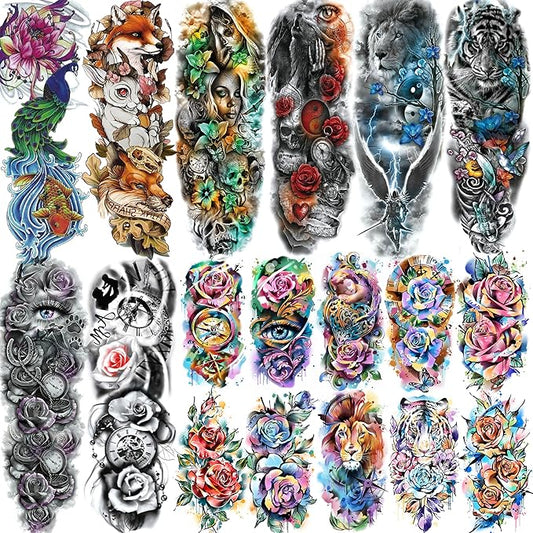 18 Sheets Large Full Arm Temporary Tattoos For Adults, 8 Sheets Peocock Lion Wolf Tiger Compass Flower Fake Sleeve Tattoos For Women Thigh, 10 Sheets Watercolor Rose Half Arm Tatoos Stickers