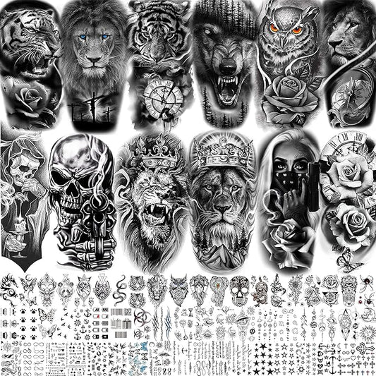 69 Sheets 3D Realistic Tiger Lion Temporary Tattoos For Women Forearm Men Arm, Half Sleeve Wolf Owl Skull Skeleton Waterproof Fake Tattoos For Adults Thigh, Black Animal Bulk Tattoo Sticker